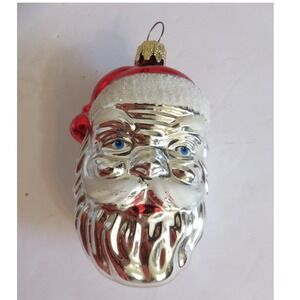 Vintage West Germany Glass Santa Claus Head Christmas Ornament Mercury Silver